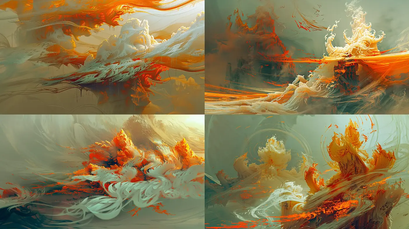 Ethereal Blaze of Surrealism: A Symphony in Orange and Turquoise Hues - Midjourney sref style