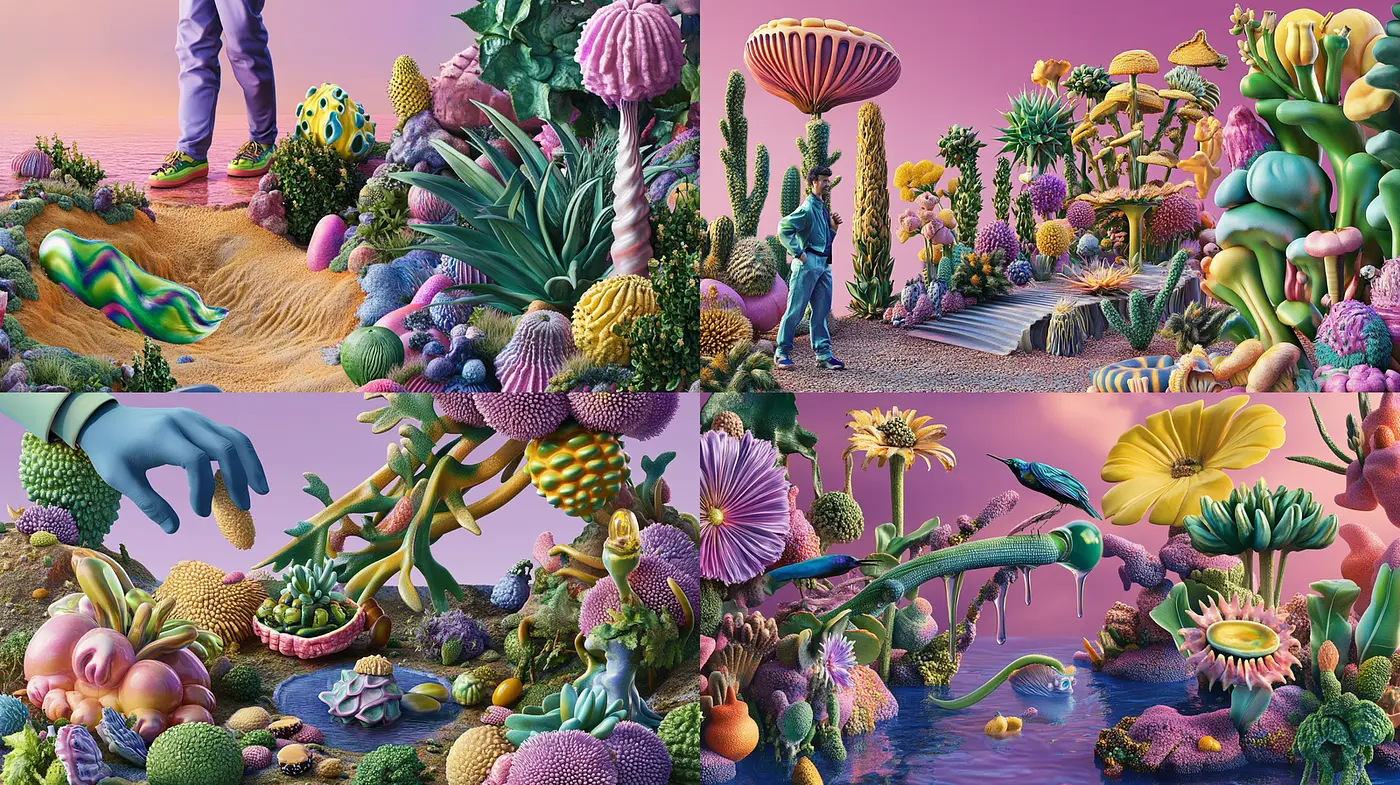 Surreal and Vibrant Fantasy Landscape with Whimsical Elements - Midjourney sref style