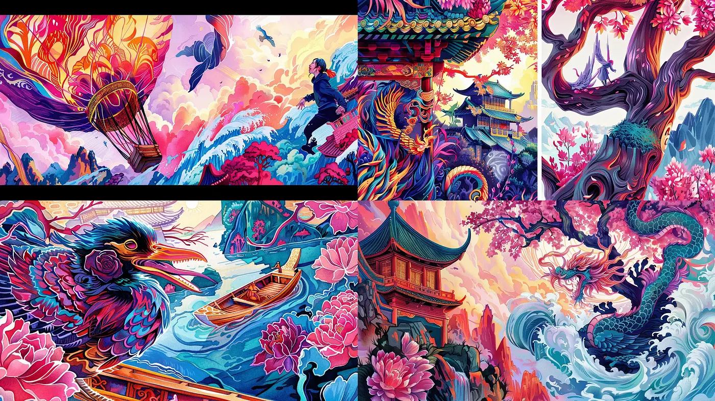 Vibrant Mythical Dreamscape in a Fusion of East Asian Artistry - Midjourney sref style