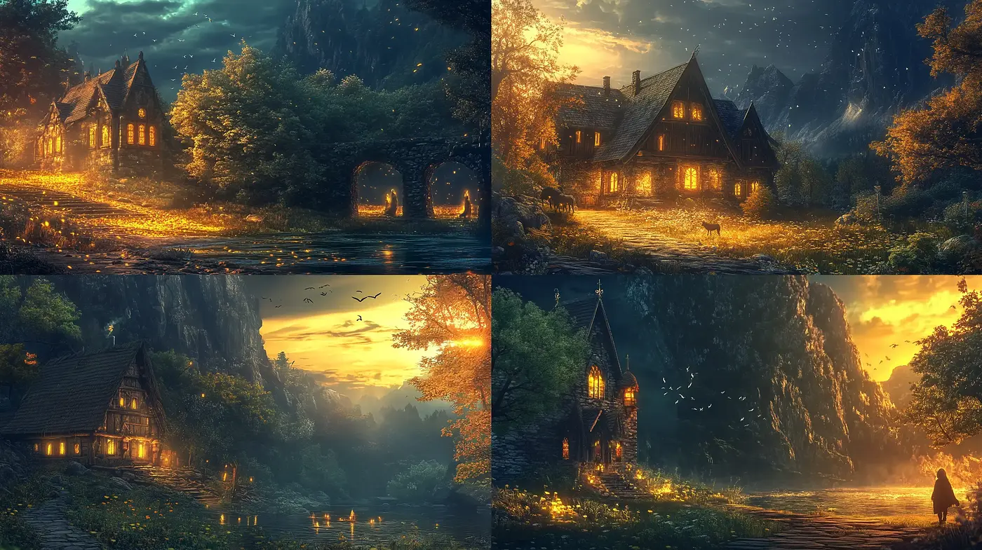 Enchanted Twilight Vistas with Warm Golden Hues - Midjourney sref style