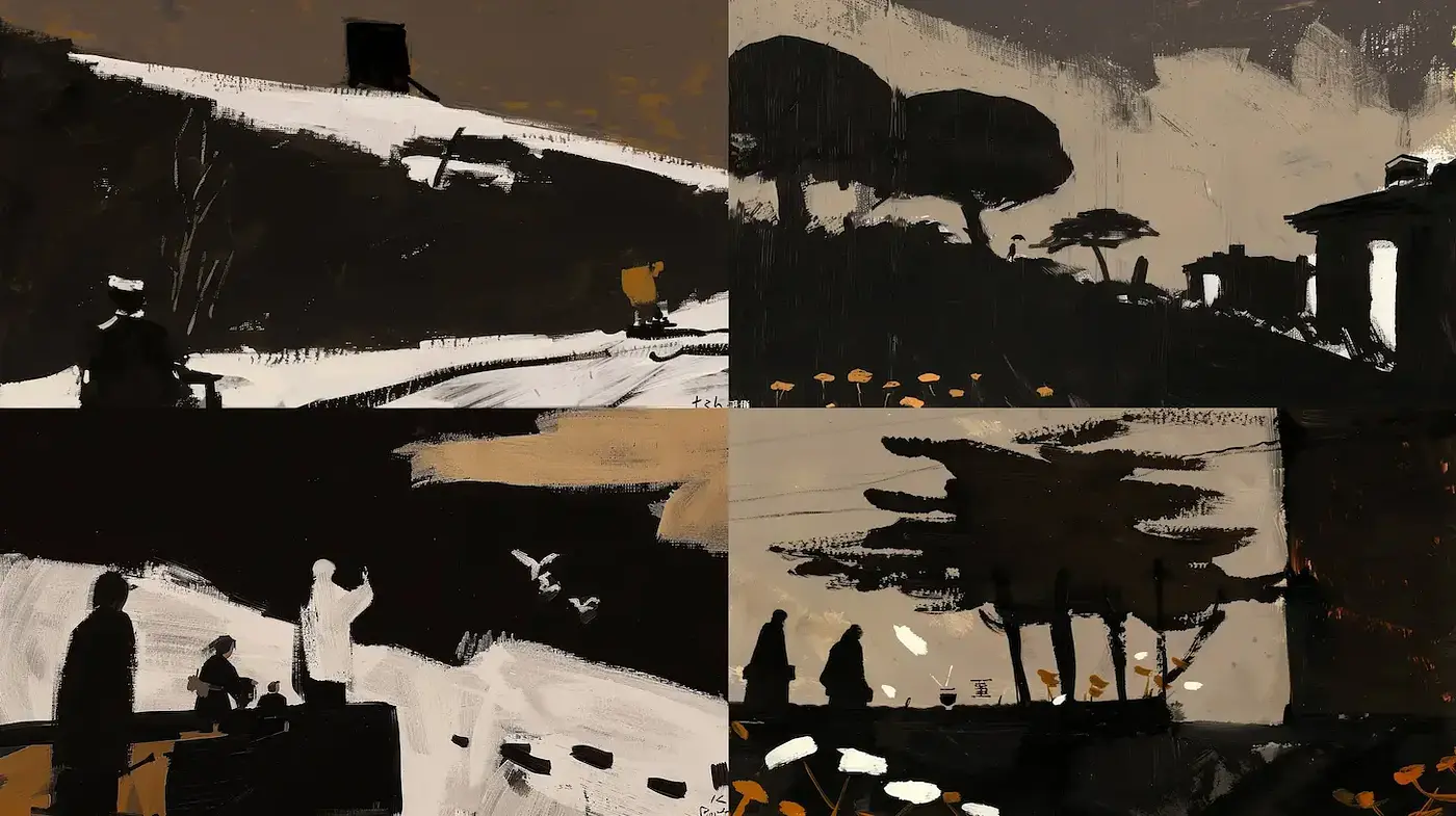 Contrasting Silhouettes with a Monochromatic Palette - Midjourney sref style
