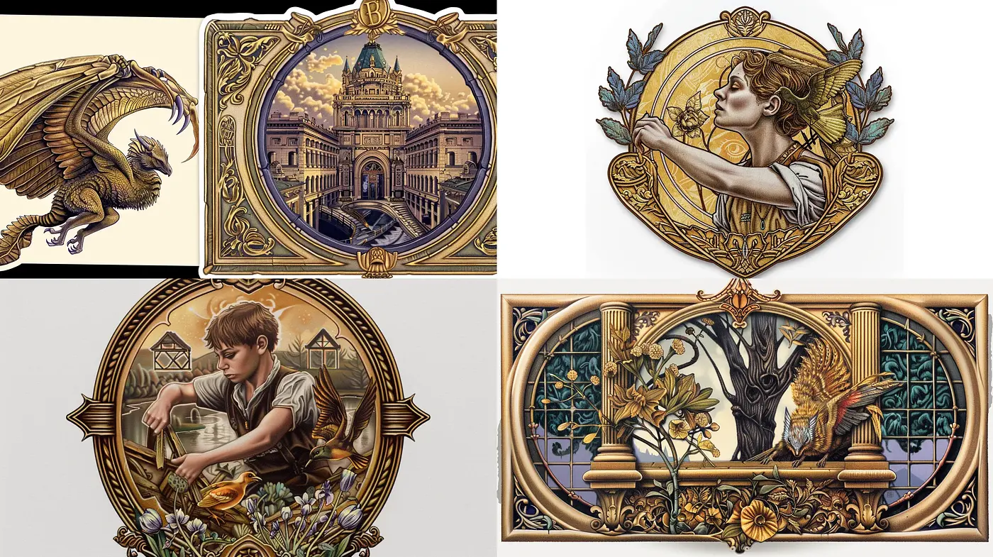 Ornate Art Nouveau Harmony with Mythical and Naturalistic Illustrations - Midjourney sref style