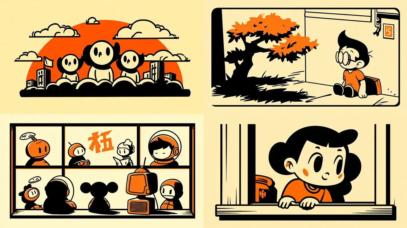Nostalgic Minimalist Cartoon with Strong Graphic Elements - Midjourney sref style
