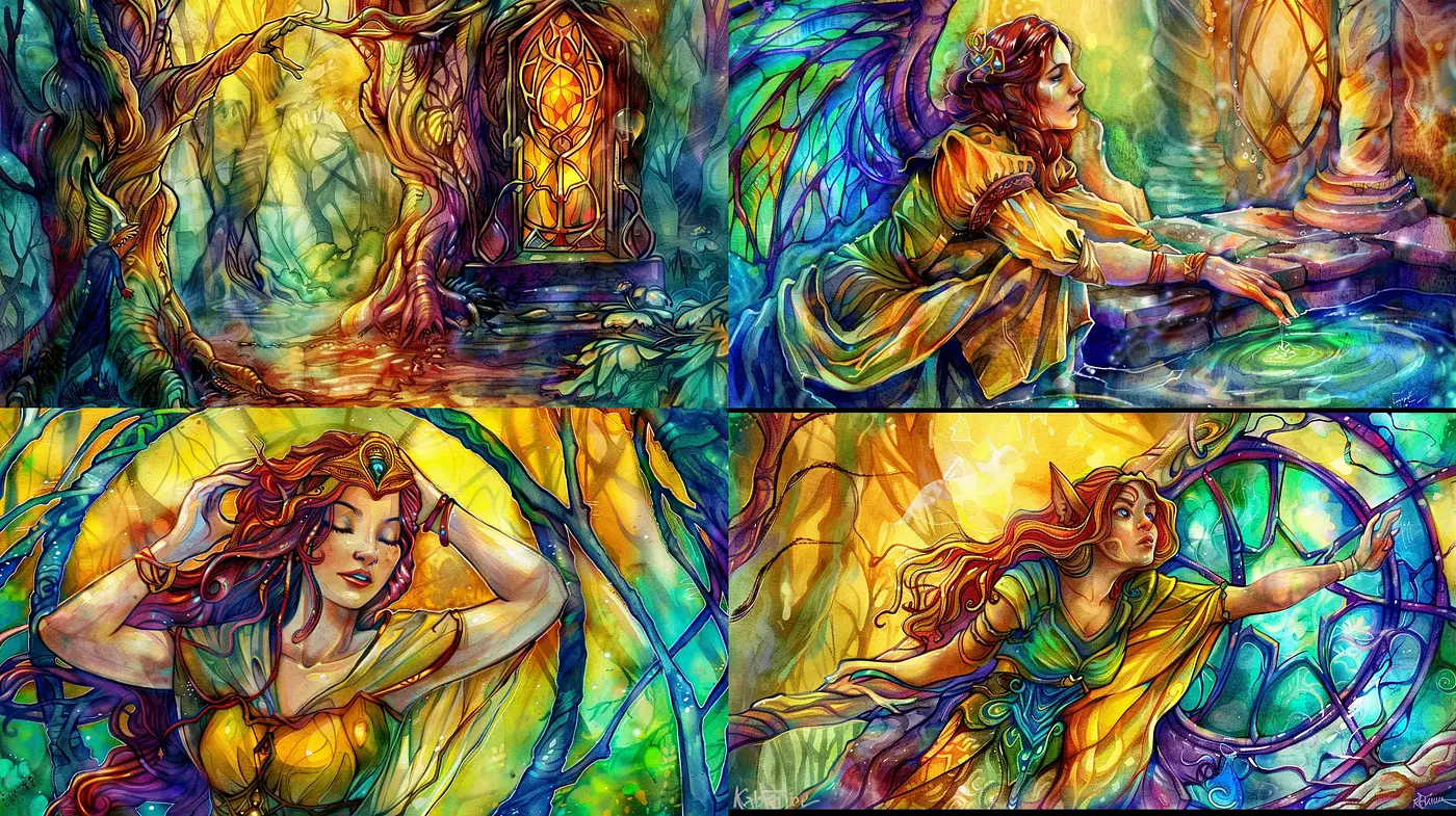 Enchanted Luminosity: A Vivid Tapestry of Stained Glass Hues and Whimsical Fantasy - Midjourney sref style