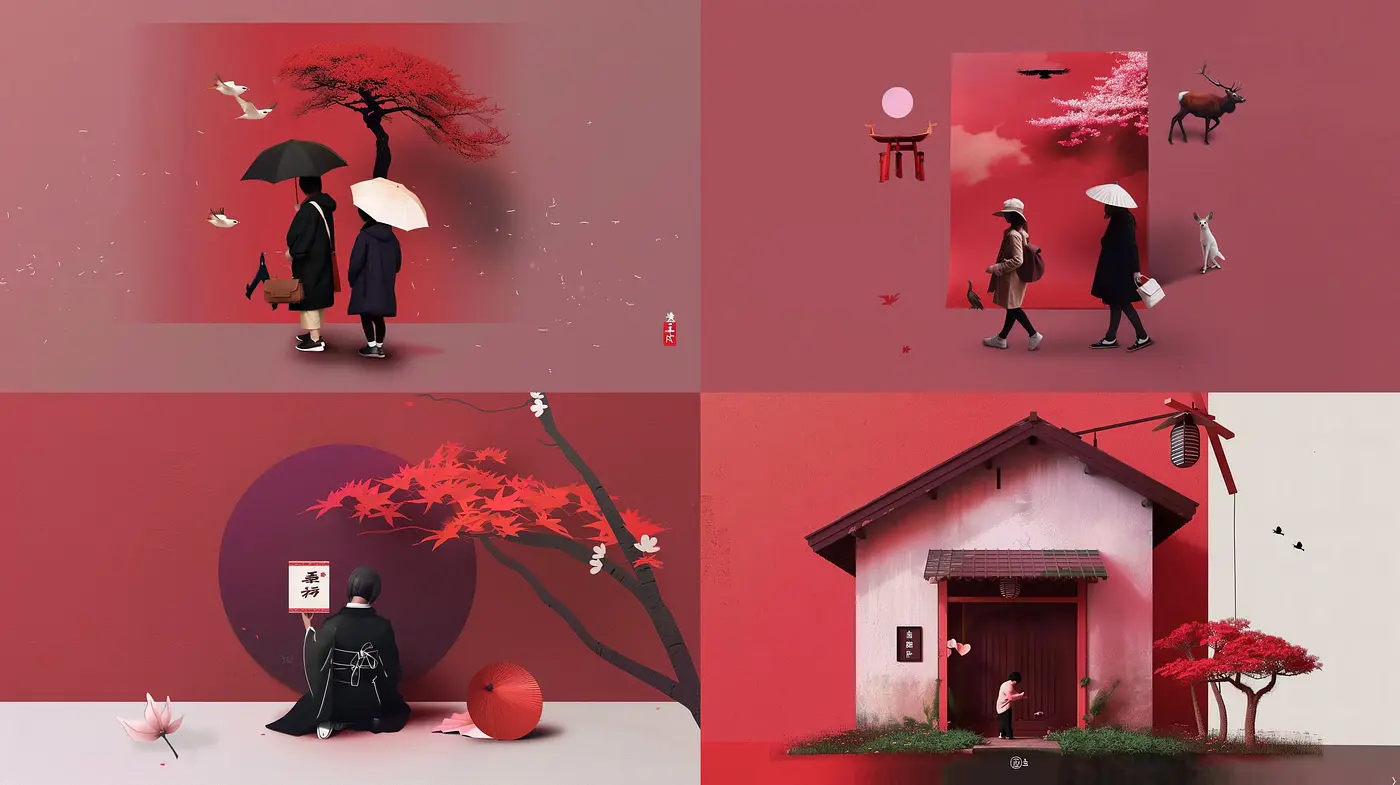 Harmonious Crimson Elegance: A Study in Monochromatic Storytelling - Midjourney sref style