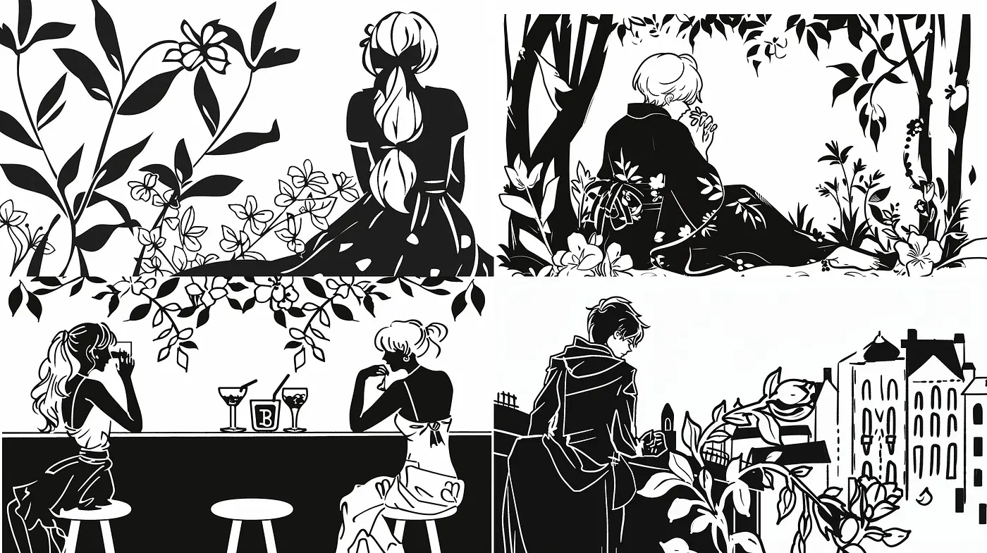Monochromatic Contour Elegance with a Touch of Serenity and Nature - Midjourney sref style