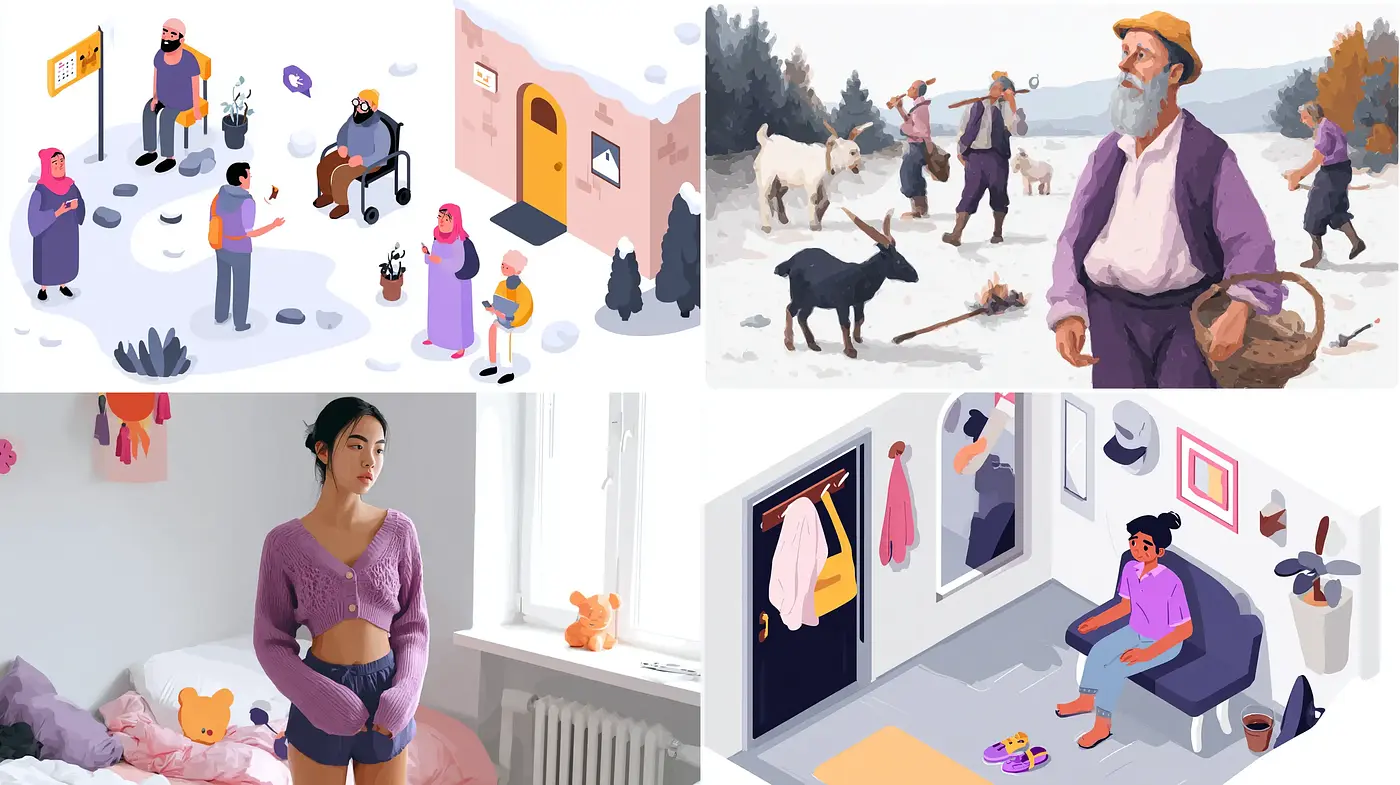 A blend of modern illustrative styles with organic textures and varied moods - Midjourney sref style