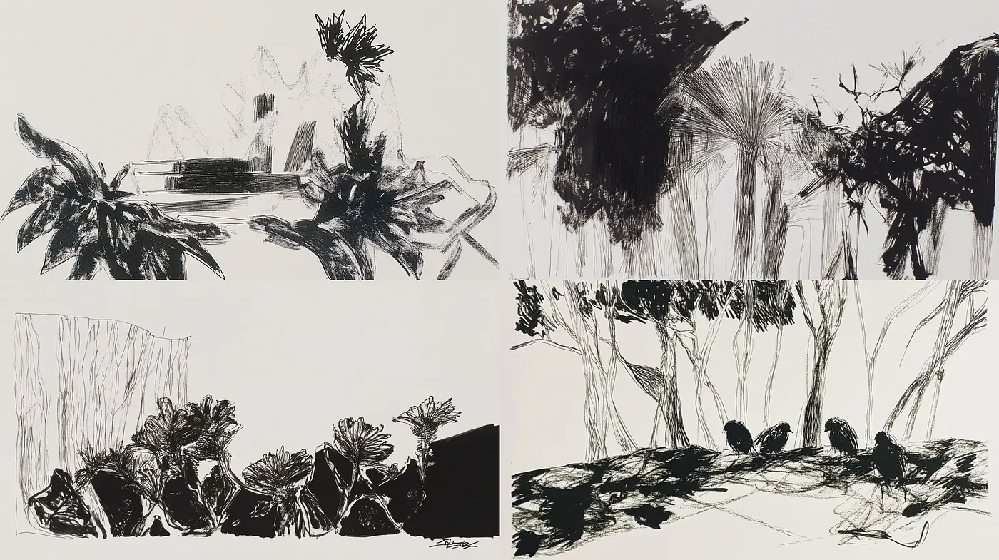 Monochromatic Brushstroke Ensemble: An Ode to Ink Wash and Expressionism - Midjourney sref style