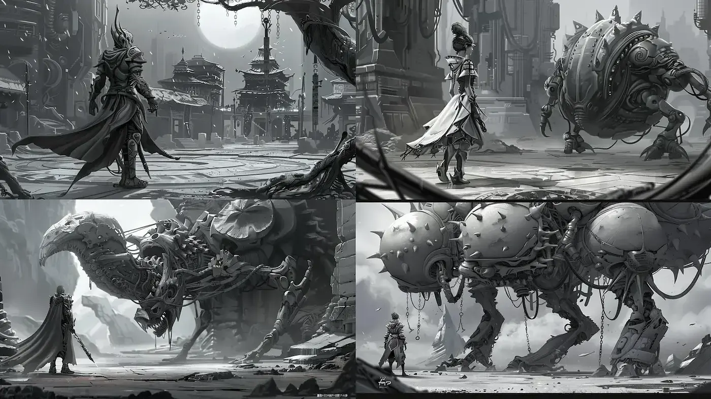 Monochromatic Futuristic Fantasy with Mechanical Elements and Detailed Textures - Midjourney sref style