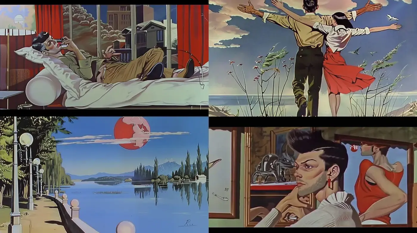 Retro-inspired art with a cinematic flair and bold character designs - Midjourney sref style