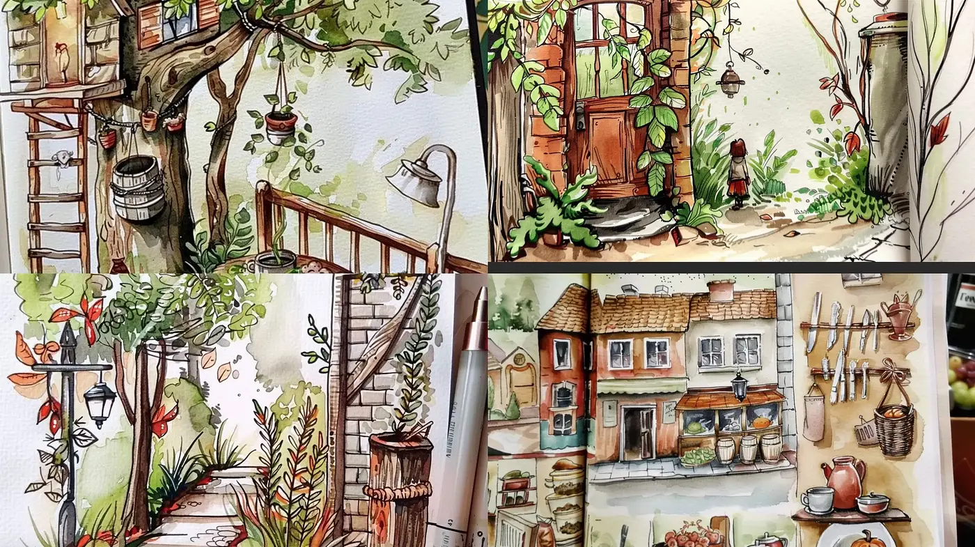 Whimsical Watercolor Countryside and Village Scenes - Midjourney sref style