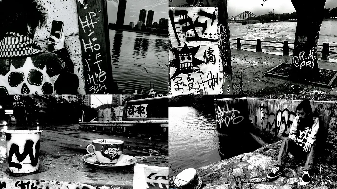Urban Graffiti Aesthetic with a Monochrome Vibe and Distinct Textural Elements - Midjourney sref style