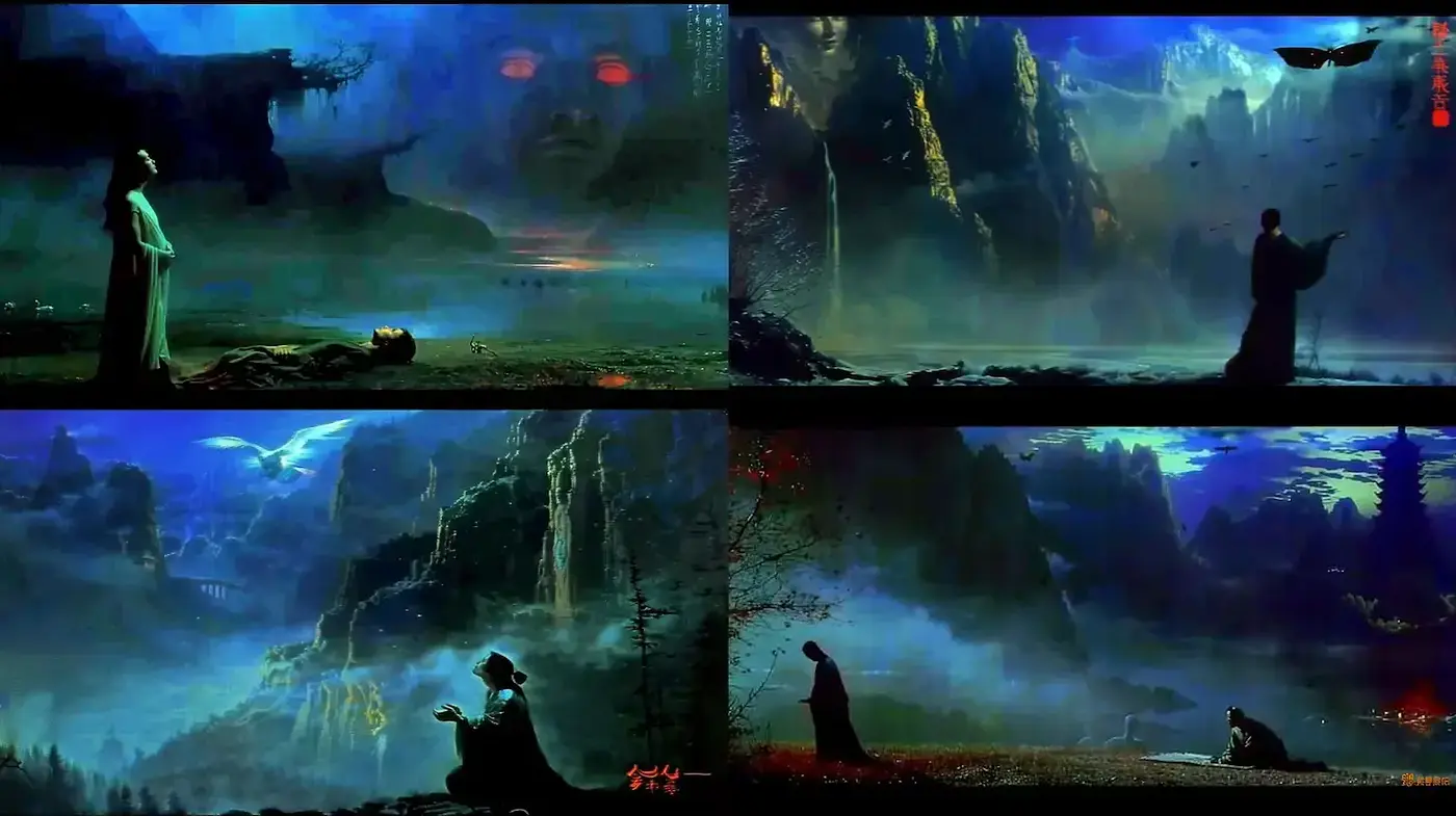 Mystical Landscapes with Ethereal Characters in a Dramatic Color Palette - Midjourney sref style