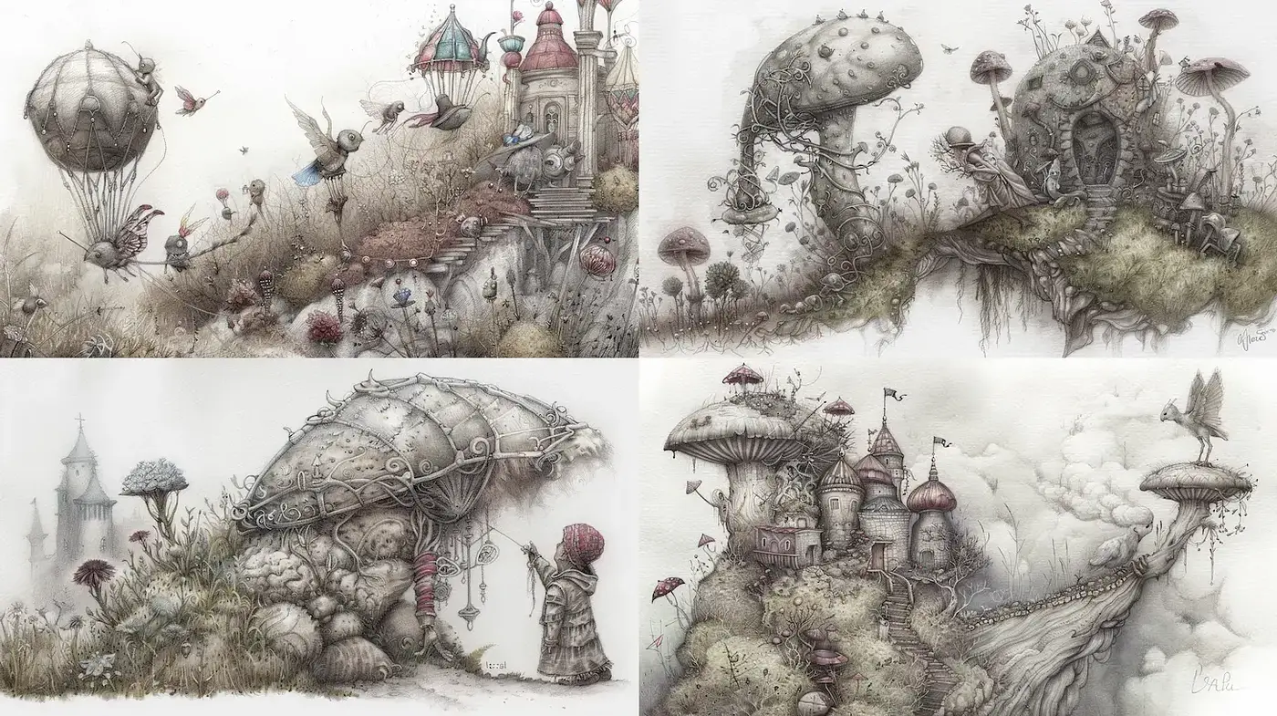 Whimsical Dreamscapes with Surreal Elements and Soft Textures - Midjourney sref style
