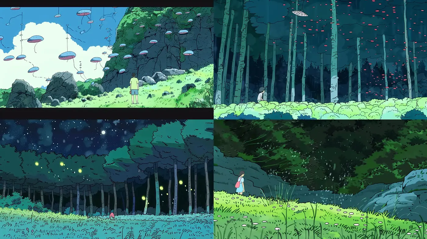 Whimsical Twilight Serenity: A Fusion of Anime and Dreamlike Landscapes - Midjourney sref style