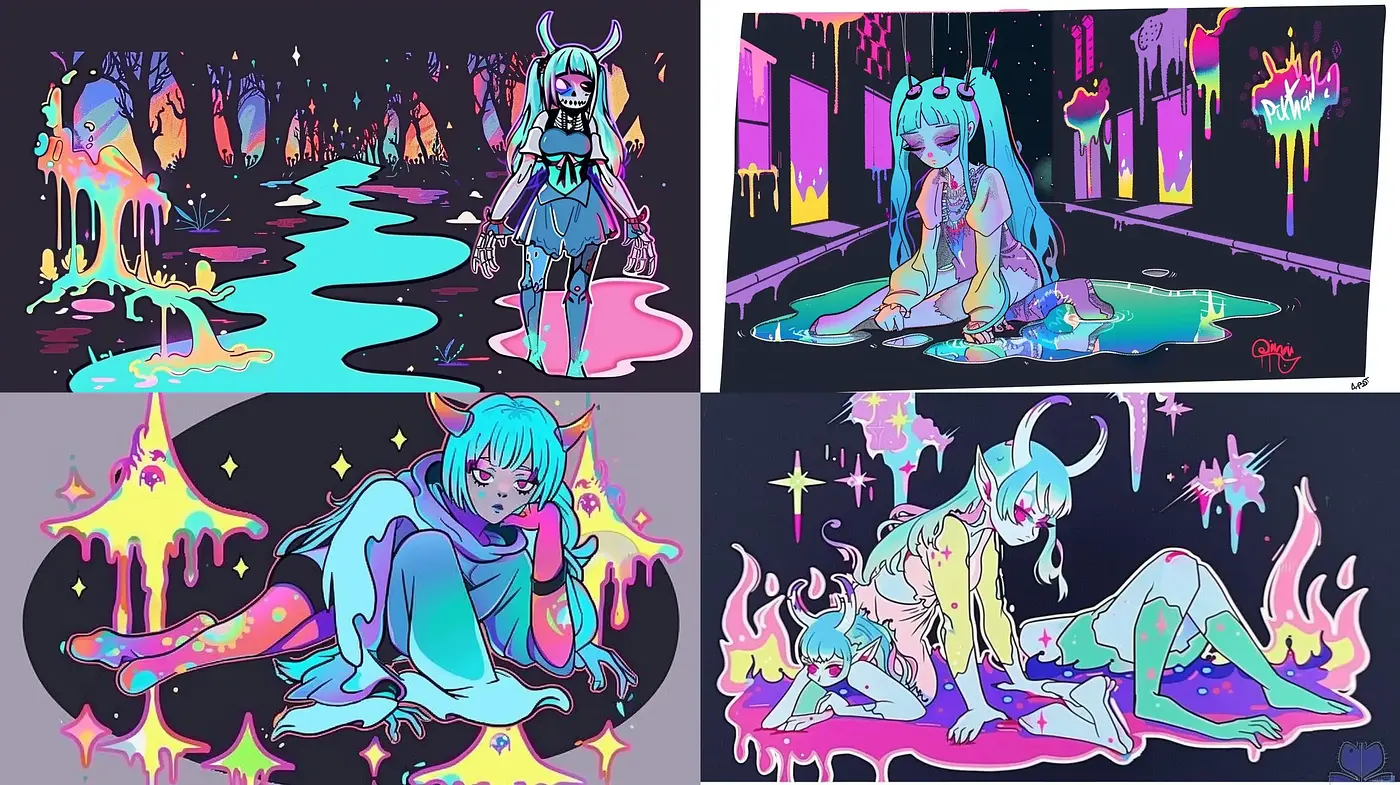 Neon Drip Dreamscape: A Synthwave-Inspired Digital Art Fusion - Midjourney sref style