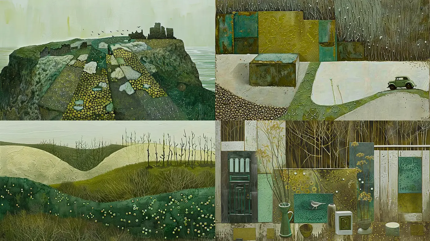 Serene Pastoral Elegance with a Touch of Modernist Geometric Abstraction - Midjourney sref style