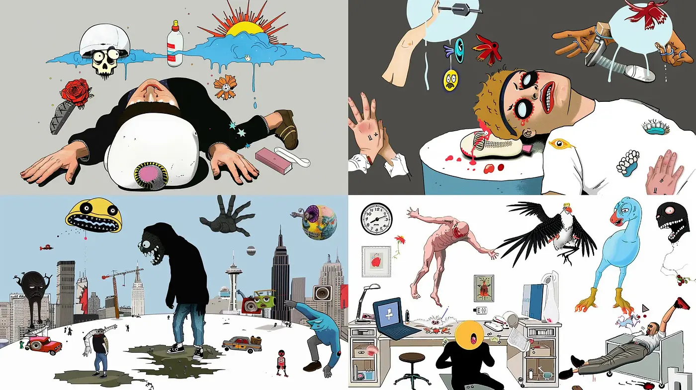 Eclectic Surreal Montage with a Satirical Twist - Midjourney sref style