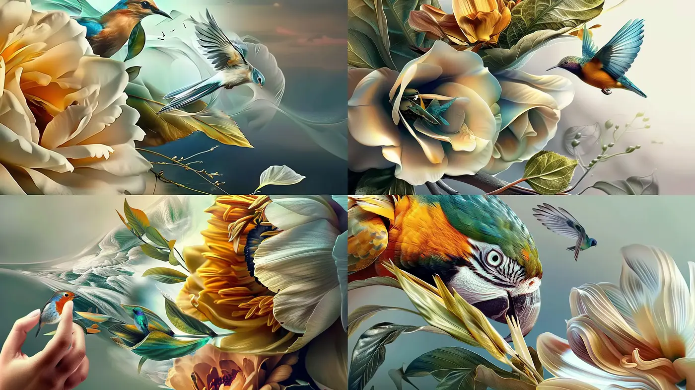 Ethereal Botanical Dreamscape: A Confluence of Flora and Avian Elegance - Midjourney sref style