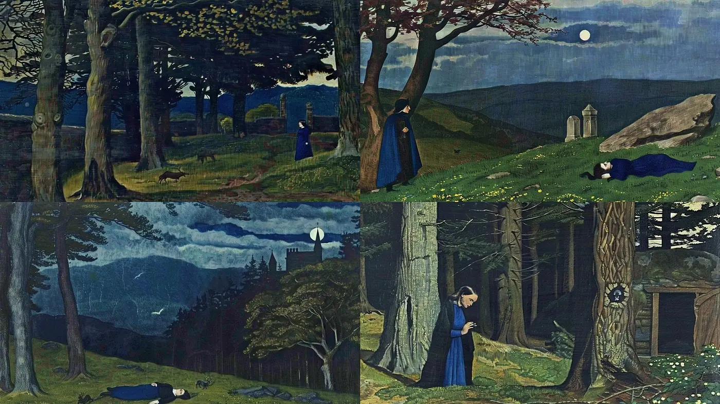 Mystic Forest Whispers: An Enigmatic Blend of Moonlit Nocturnes - Midjourney sref style