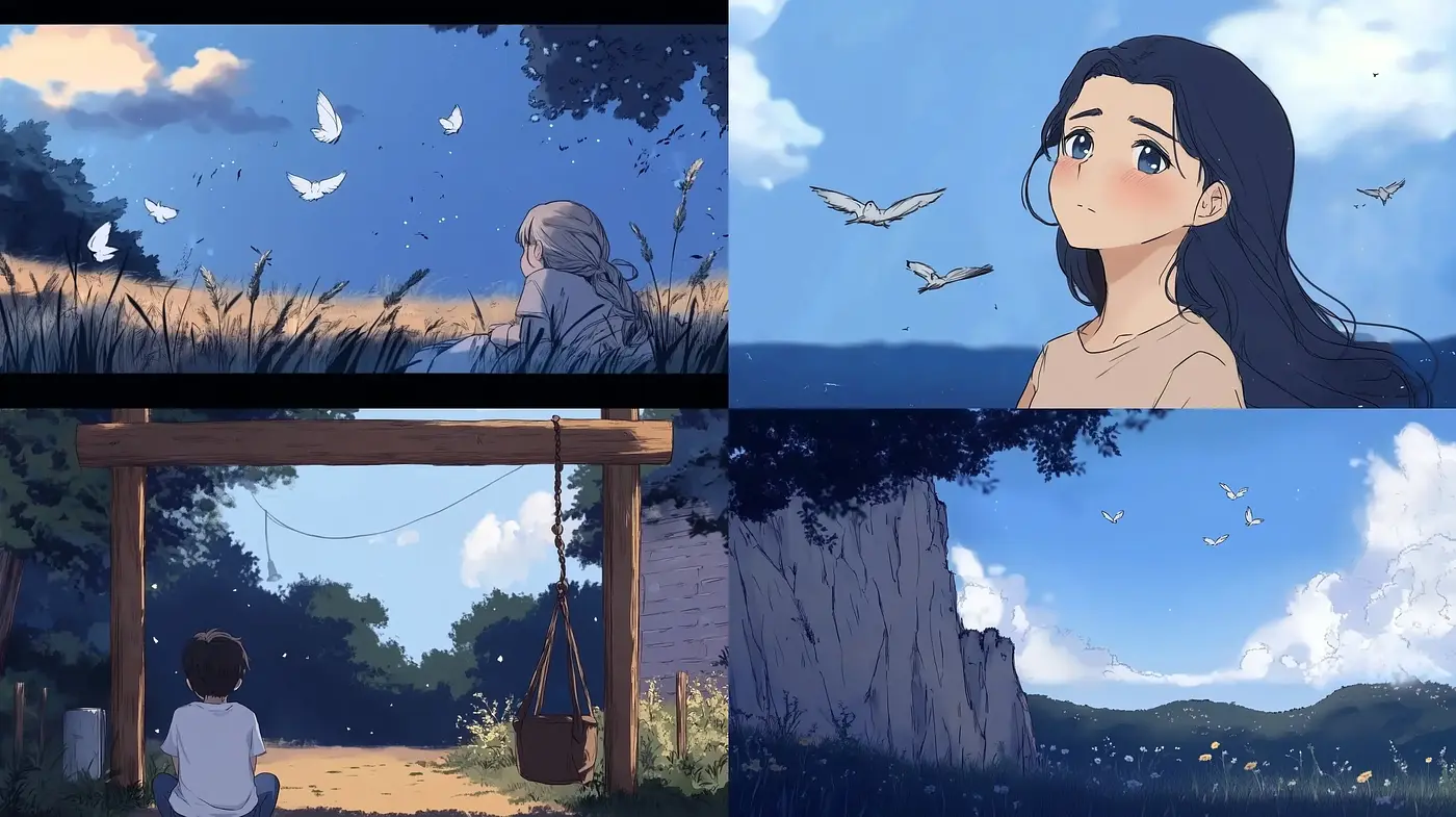 Serene Pastoral Scenes with a Modern Anime Essence - Midjourney sref style