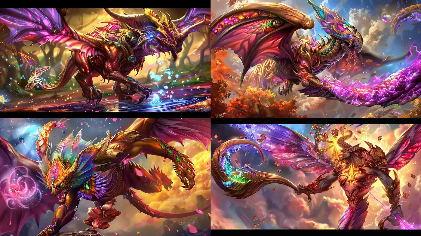 Vibrant Fantasy Illustrations with a Mythical Creature Ensemble - Midjourney sref style