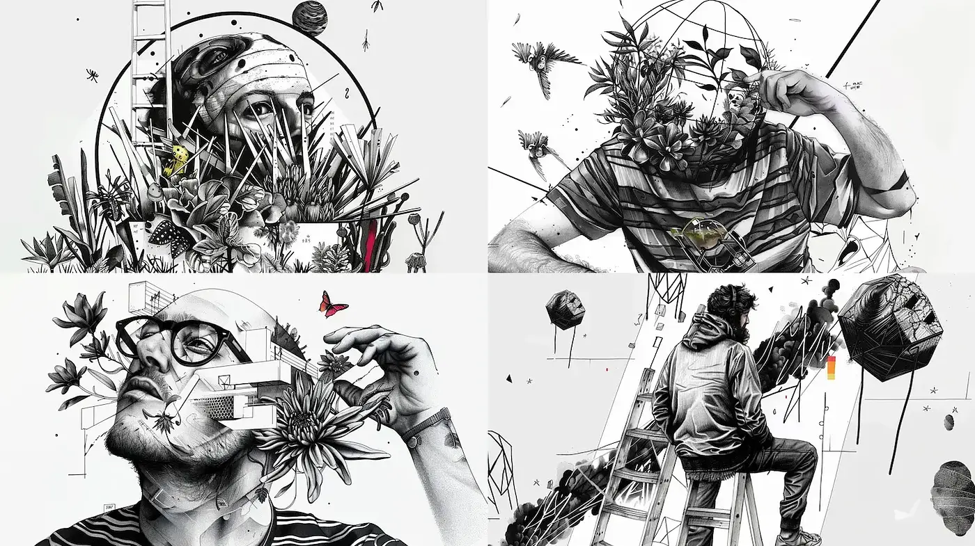 Surreal botanical illustrations with abstract geometric elements - Midjourney sref style
