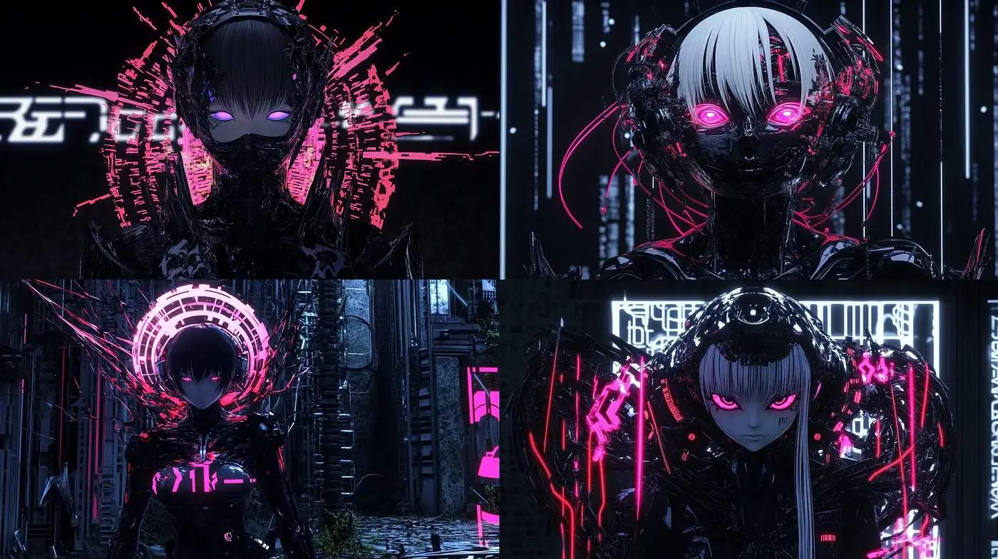 Neon Noir Cyberpunk Ambience with Japanese Textual Motifs - Midjourney sref style