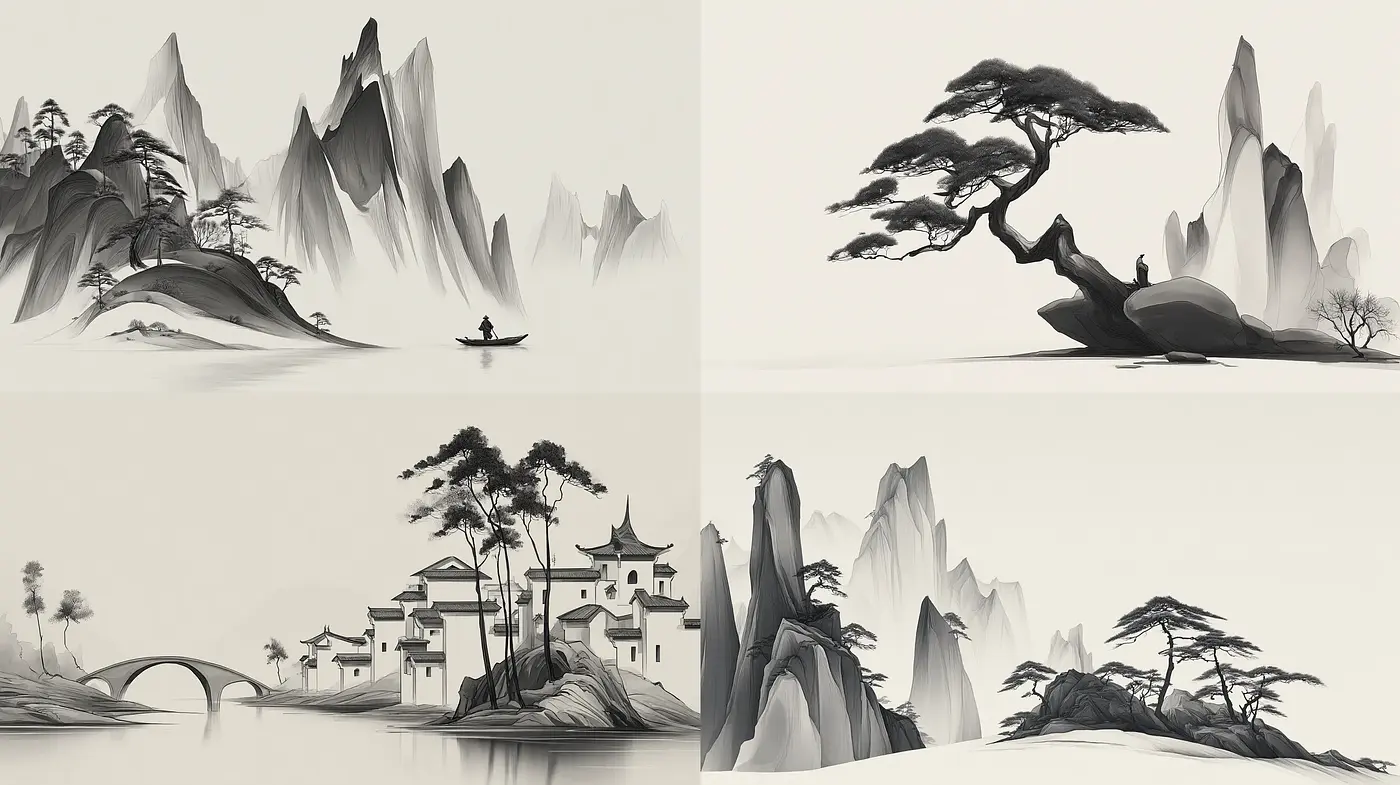 Serene and Harmonious Landscapes in Monochrome - Midjourney sref style
