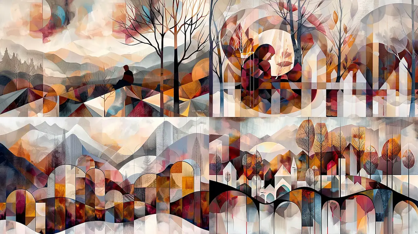 Evocative Geometric Landscapes with Warm Autumn Tones - Midjourney sref style