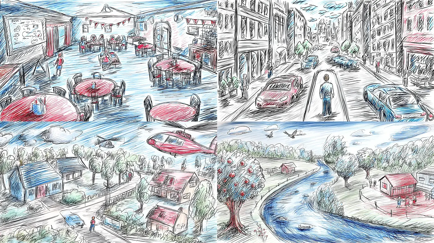 Whimsical and Vibrant Sketch Style Capturing Everyday Life - Midjourney sref style