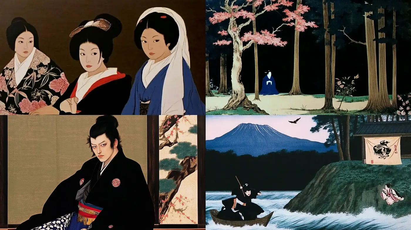 Ethereal Edo Period Visions with Stylized Nature and Figures - Midjourney sref style