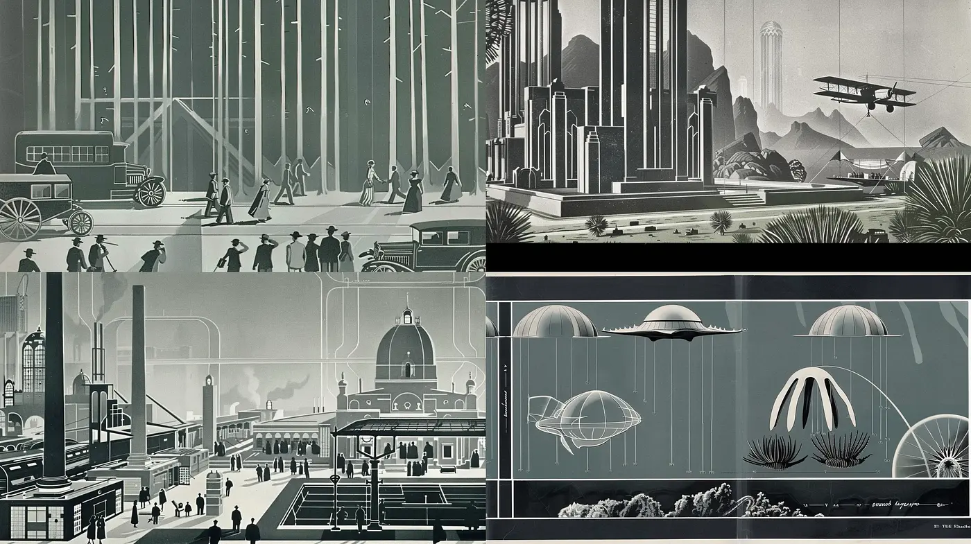 Futuristic Art Deco Reverie with Monochromatic Nuances - Midjourney sref style