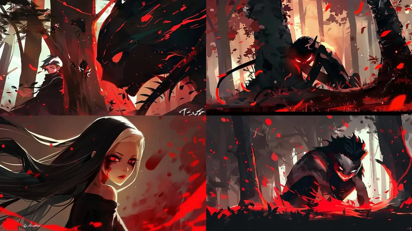 Shadowed Crimson Fantasy: An Artistic Fusion of Anime and Dark Fantasy Tones - Midjourney sref style