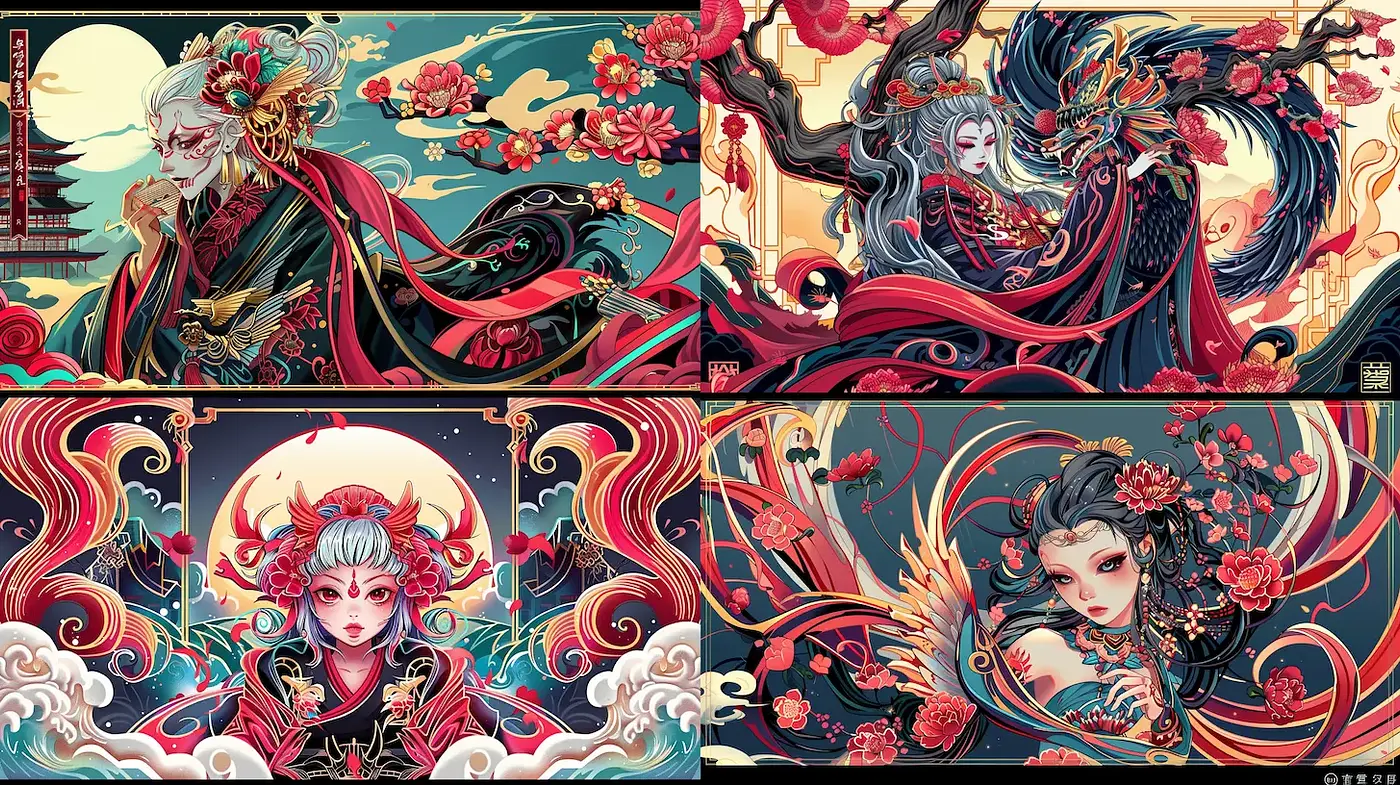 Intricate Asian-inspired Illustrations with Bold Color and Dynamic Composition - Midjourney sref style