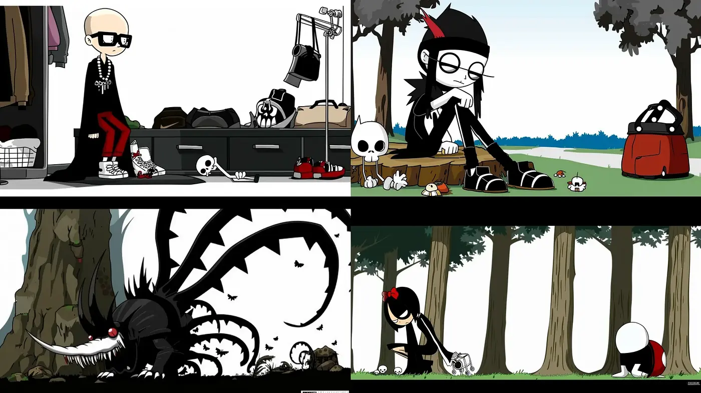 Monochrome Expressions with a Dash of Red: A Study in Simplified Goth Aesthetics - Midjourney sref style