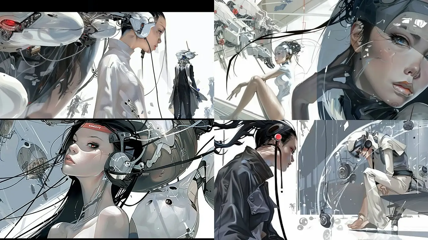 Cybernetic Elegance in Monochrome: A Fusion of Manga Influences and Futuristic Imagery - Midjourney sref style