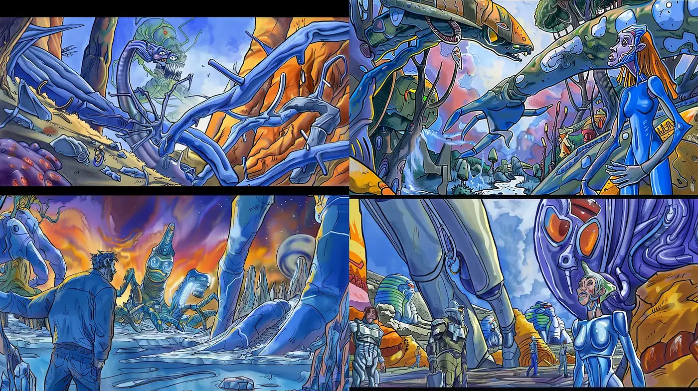 Vibrant and Surreal Sci-Fi Landscape with Fluid Organic Elements - Midjourney sref style