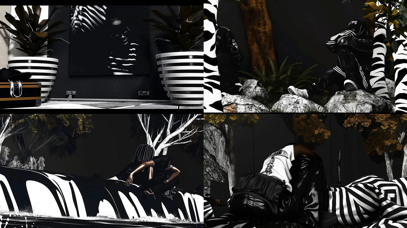 Monochromatic Zebran Essence: A Study in Contrasts and Textures - Midjourney sref style