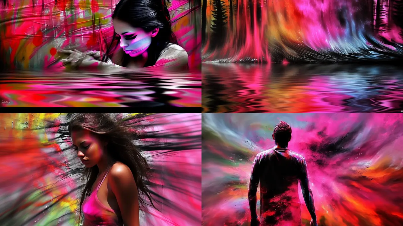 Vivid Dreamscape Fusion: A Synthesis of Dynamic Brushstrokes and Luminous Color - Midjourney sref style