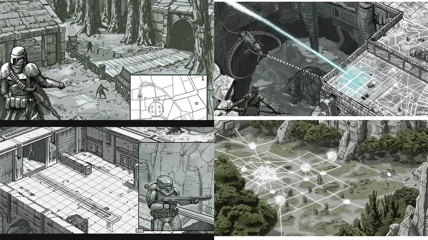 Futuristic Comic Style with Architectural and Natural Elements - Midjourney sref style