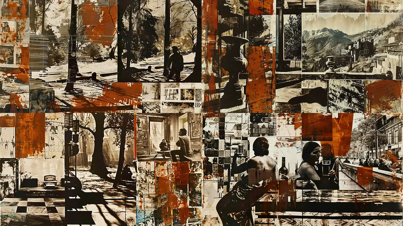 Fragmented Historical Tapestry in Sepia Tones - Midjourney sref style