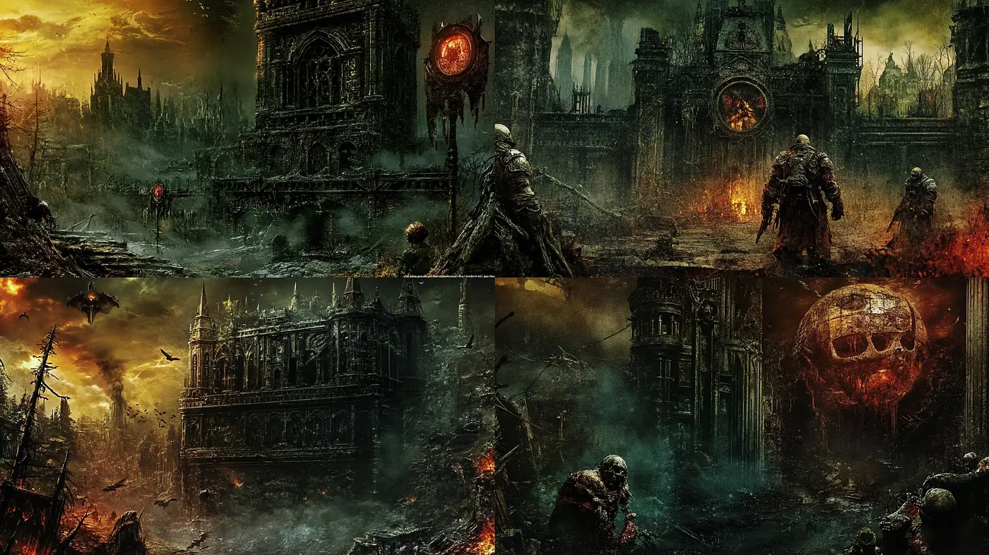 Dystopian Ruins: Post-Apocalyptic Vision with a Dark and Brooding Atmosphere - Midjourney sref style