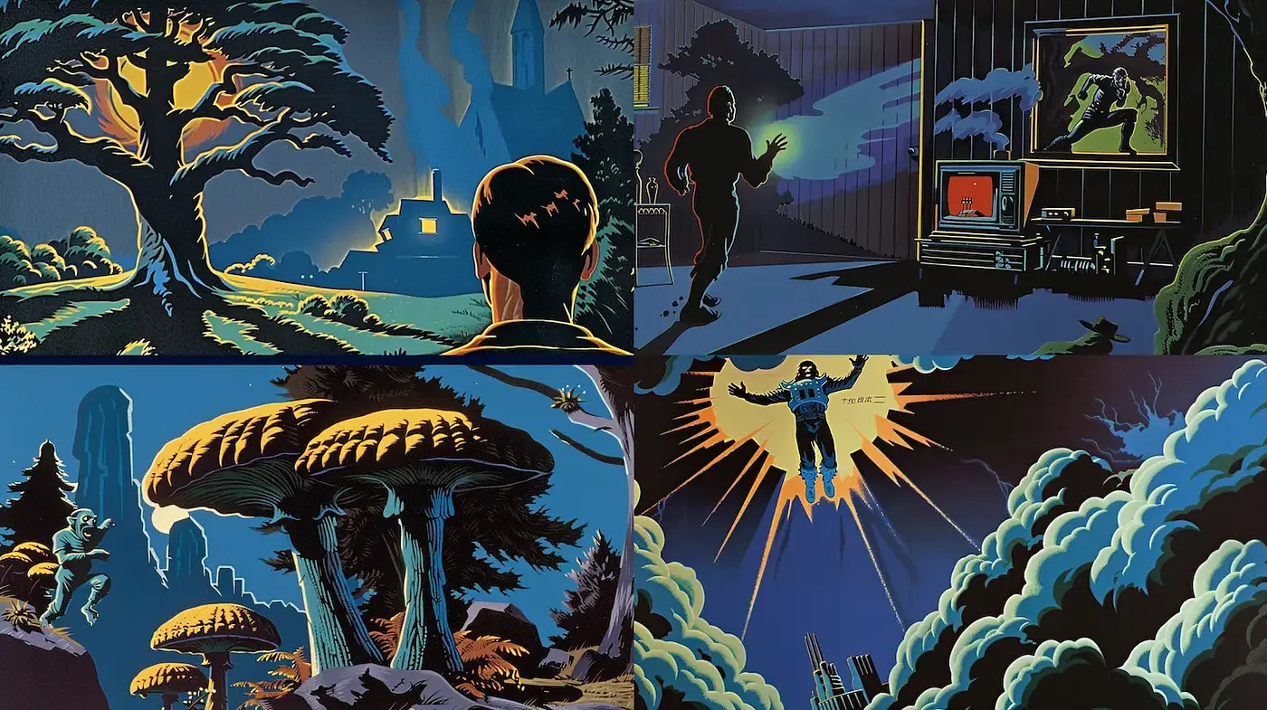 Cinematic Surrealism with a Retro Twist Influenced by Graphic Novels - Midjourney sref style