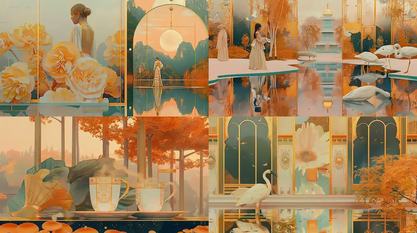 Stylized Surrealism with Soft Pastel Accents and Lush Botanical Elements - Midjourney sref style
