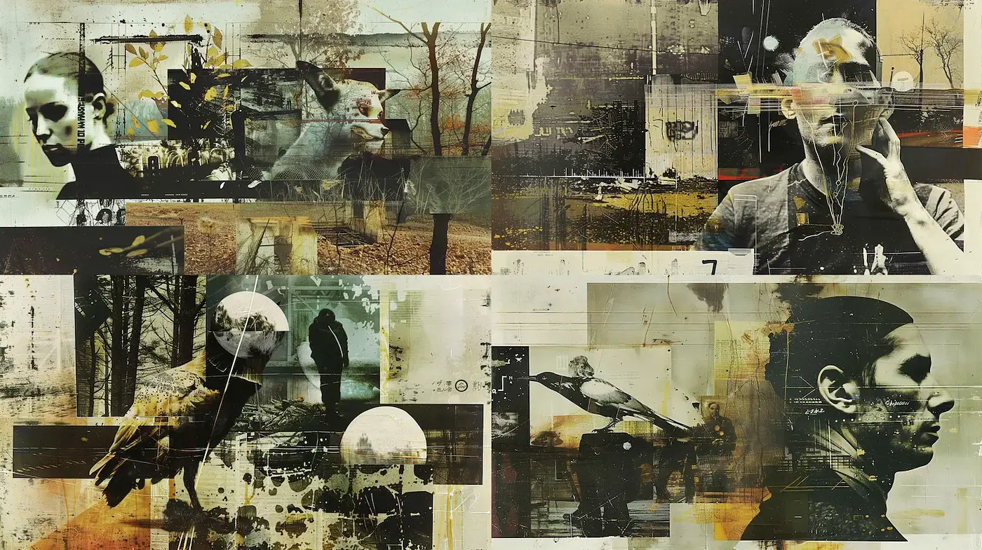 Abstract and layered visual narratives with a melancholic undertone - Midjourney sref style