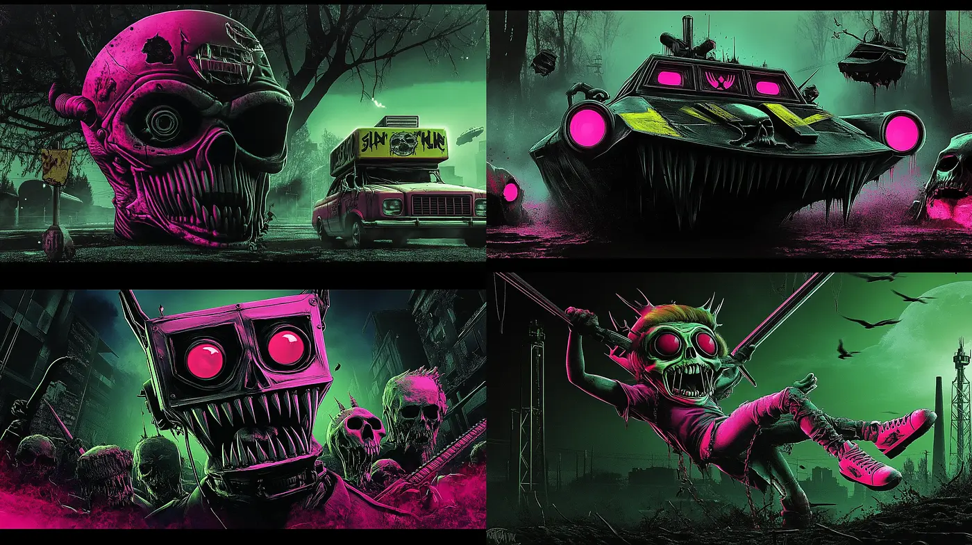 Neon Post-Apocalyptic Surrealism with Grotesque Overtones - Midjourney sref style