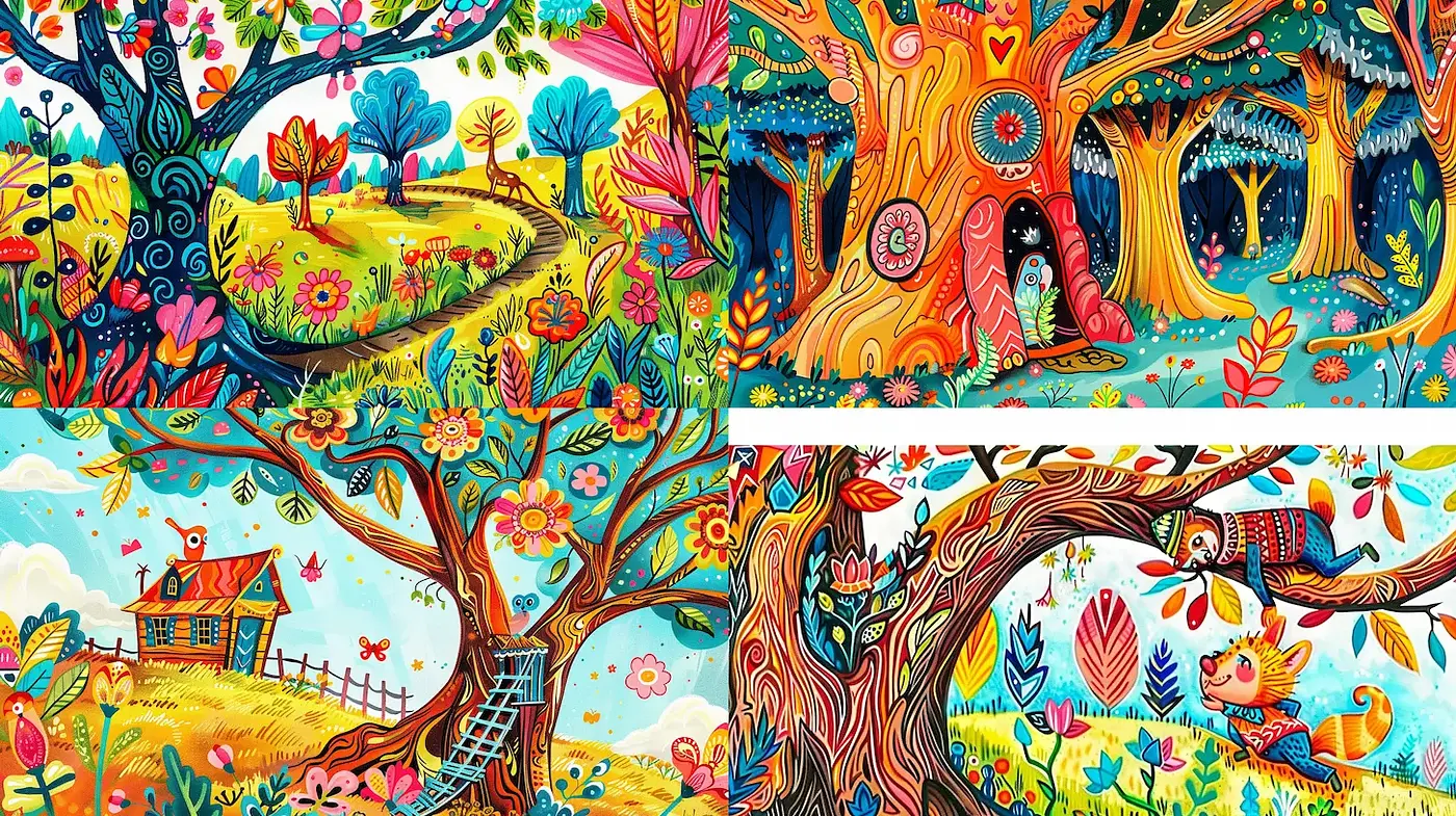 Vibrant Whimsical Nature Illustrations with a Playful Touch - Midjourney sref style