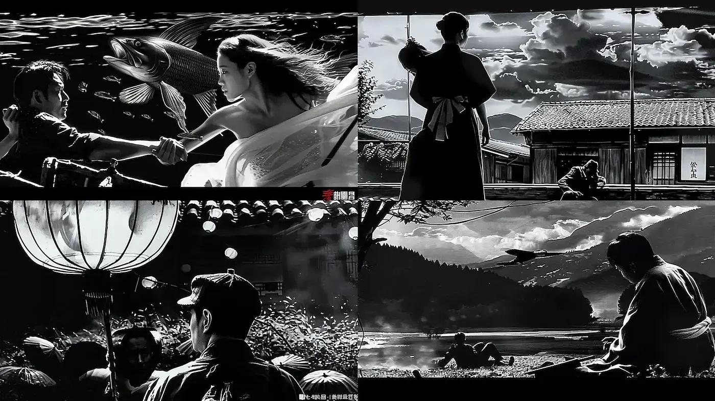 Monochromatic Cinematic Essence with a Vintage Eastern Aesthetic - Midjourney sref style