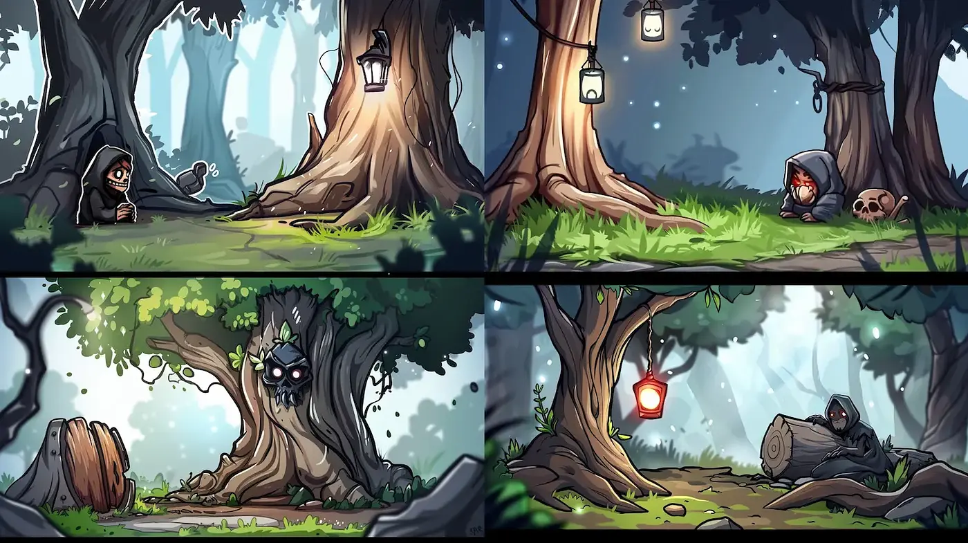 Mysterious and playfully eerie woodland aesthetic with cartoon influences - Midjourney sref style